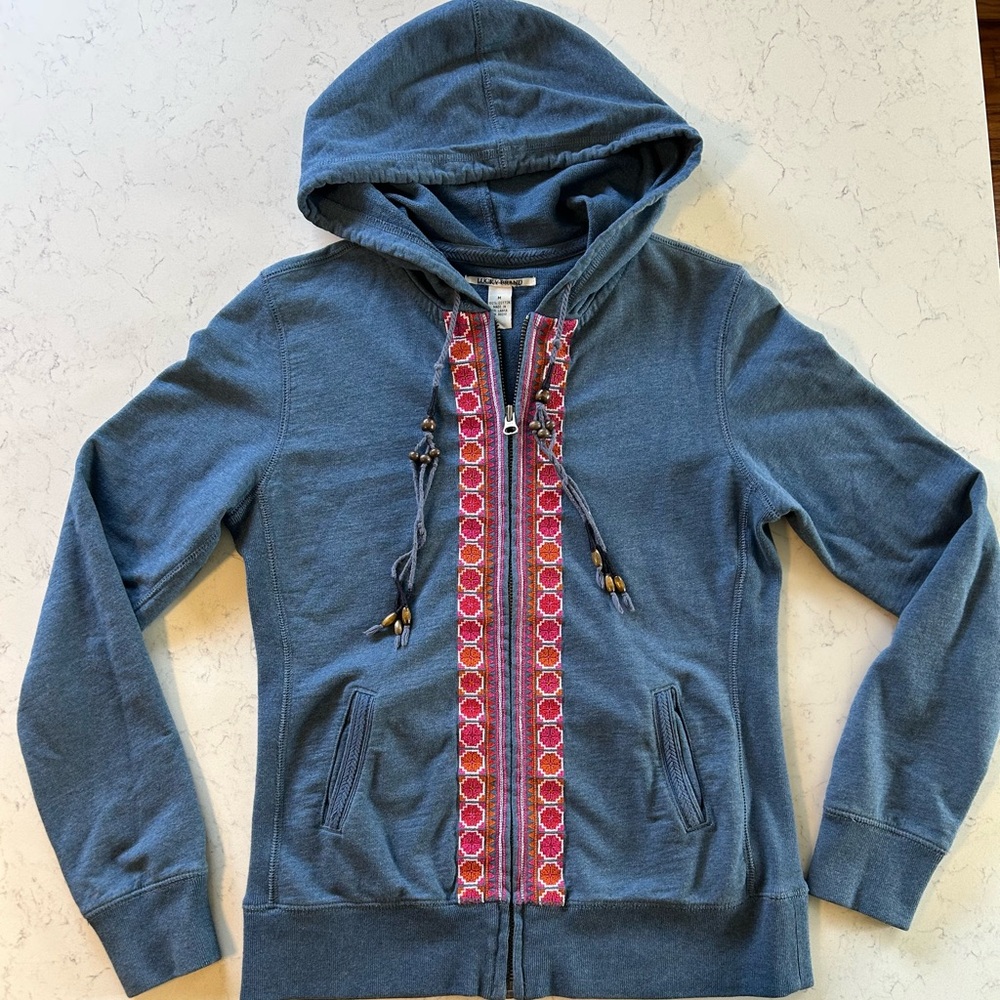 Lucky Brand Blue Zip Hoodie with Pink & Orange Embroidered Trim & Beaded String - Picture 4 of 16